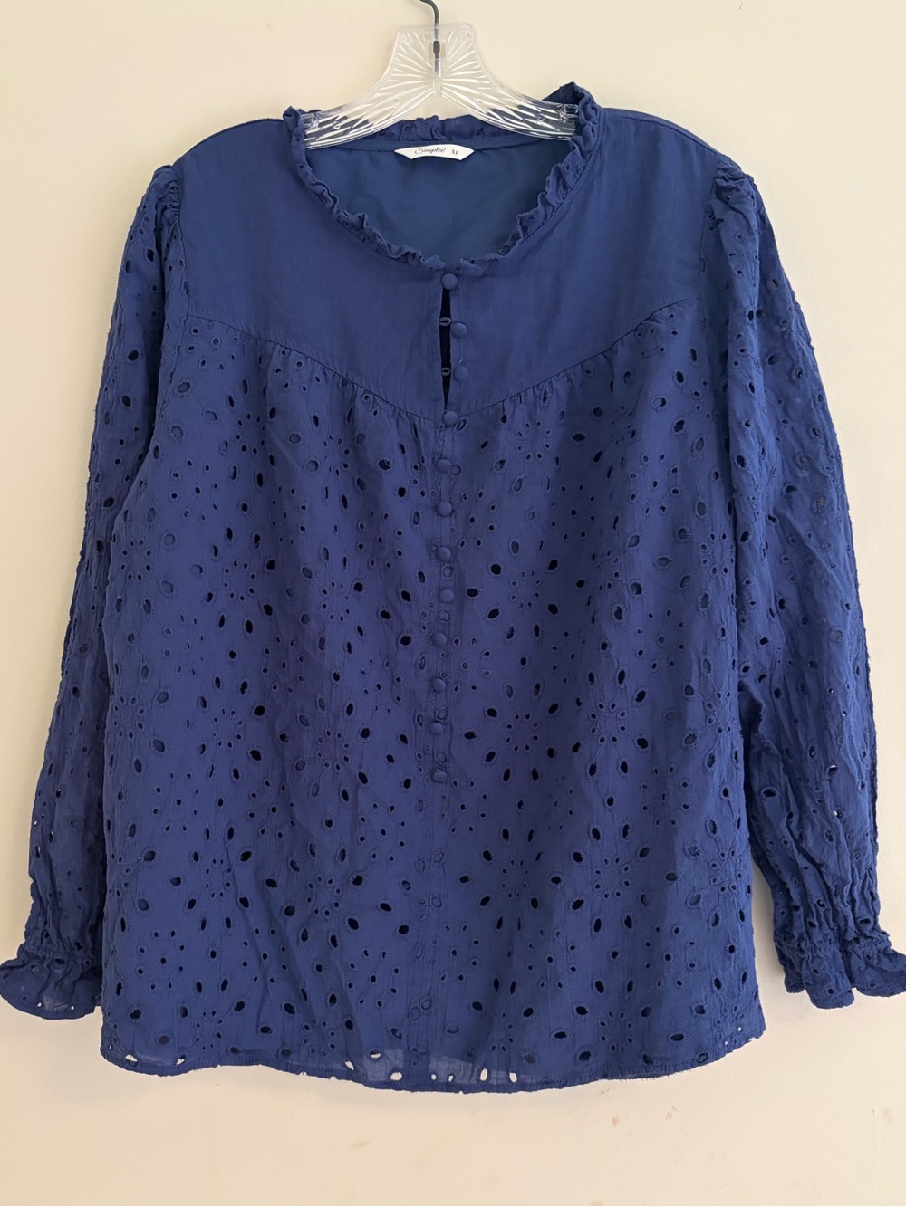 Simplee Apparel Navy Eyelet Ruffle-Neck Button-Front Blouse